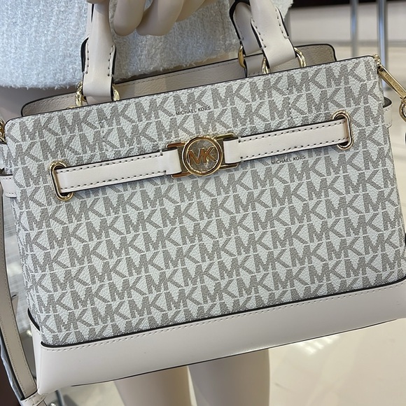 Michael Kors Reed Small Belted Logo Satchel Crossbody Purse 
Light Cream Mlt
NWT - Picture 15 of 16